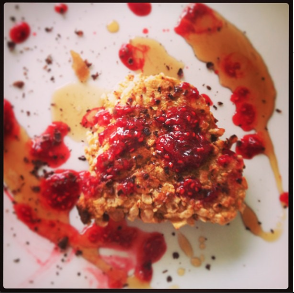 cereal crusted french with berry compote and dark chcolate shaving